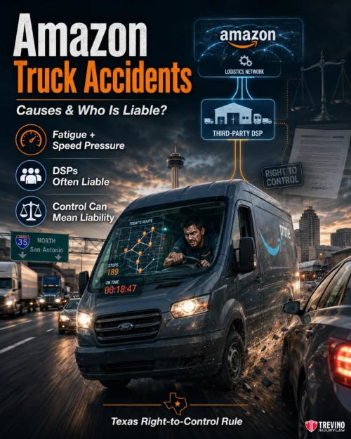 Amazon Truck Accident Lawyer. A blue Amazon delivery van speeds down a rainy highway at night, driven by a tired man. Visuals highlight fatigue, control, and liability. Text notes causes of Amazon truck accidents and legal liability, with infographic icons and a Texas road sign in the background.
