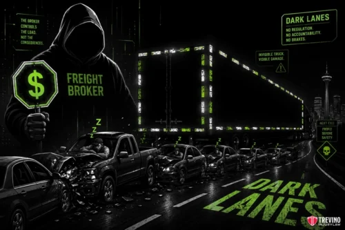 Can Freight Brokers or Shippers Be Sued for an Underride Crash? A dark, dramatic image shows a hooded figure labeled "Freight Broker" holding a glowing green dollar sign. Several crashed cars are lined up, with sleeping drivers. A transparent truck looms above, symbolizing "Dark Lanes" with warning signs and green highlights.