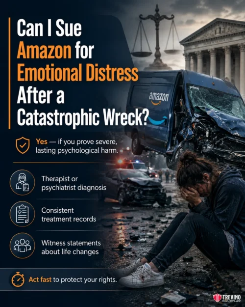 Can I Sue Amazon for Emotional Distress After a Catastrophic Wreck?. A woman sits on the ground, head in hands, looking distressed near a crumpled Amazon delivery van and a damaged car. Text explains steps for suing Amazon for emotional distress after a wreck: proof, medical records, and witness statements. Icons and urgent advice are included.