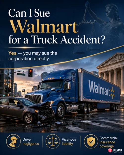 Can I Sue Walmart for a Truck Accident?. A Walmart semi-truck and a black car are involved in a crash at an intersection. The image includes text asking if Walmart can be sued for a truck accident, citing reasons like driver negligence, vicarious liability, and commercial insurance coverage.