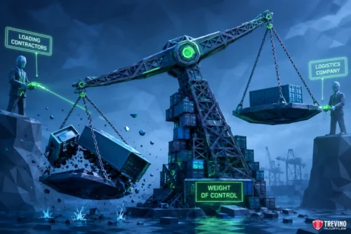 Can You Hold Third-Party Freight Companies Liable for an Articulated Vehicle Rollover? A digital illustration shows a large industrial balance scale over water. On the left, labeled “Loading Contractors,” a figure loads heavy containers, tipping the scale and spilling blocks. On the right, “Logistics Company” is balanced. Neon green labels highlight key elements.