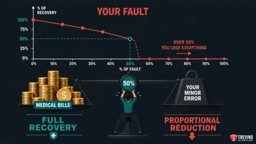 Can You Still Recover Damages If You Share Fault for a Bexar County Truck Crash? A chart shows how recovery drops as fault increases. At 50% fault, a scale balances “Medical Bills Full Recovery” (coins) versus “Your Minor Error Proportional Reduction” (weight); over 50% fault means losing everything. Text and graphics illustrate the concept.