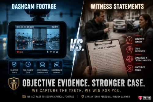Dashcam Footage. A split image compares dashcam footage on the left, showing a dashcam recording a traffic scene, with a clipboard labeled "Witness Statement" on the right, depicting a person giving their account after a car accident. Text contrasts objective dashcam evidence with subjective witness statements.