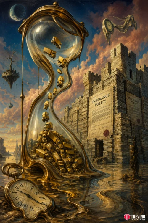 Do Complex Commercial Truck Claims Take Longer to Settle in Texas? A surreal scene with trucks falling through an hourglass beside a stone castle labeled “Insurance Policy.” A floating island, distant mountains, a melting pocket watch, and a cloudy sky create a dreamlike atmosphere. Logo “Trevino Insurance” in the corner.