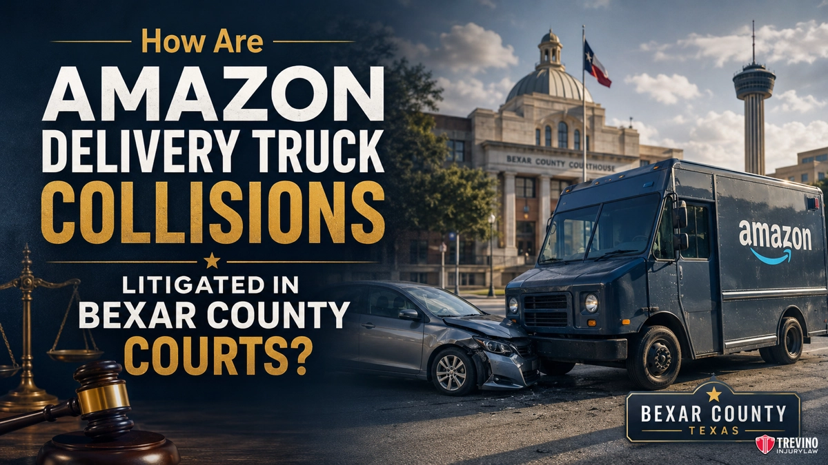 How Are Amazon Delivery Truck Collisions Litigated in Bexar County Courts?. An Amazon delivery truck and a gray car collide in front of a courthouse with pillars and a clock tower. Text asks how Amazon truck collisions are litigated in Bexar County courts. The Bexar County, Texas logo and a law firm logo appear at the bottom.