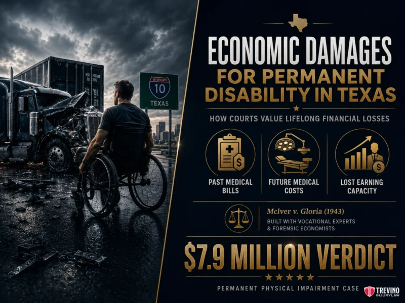How Are Economic Damages Calculated for Permanent Disability in Texas?. A man in a wheelchair looks at a car crash scene on a wet street. Text explains economic damages for permanent disability in Texas, listing medical bills, future costs, lost earnings, and cites a $7.9 million verdict for permanent impairment.