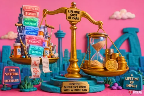 How Are Economic Damages Calculated for Permanent Underride Injuries? A colorful claymation-style scene shows a gold balance scale. One side holds medical bills and prescriptions; the other has an hourglass and gold coins labeled "Lost Wages/Future Earnings." Signs read: "Lifetime Cost of Care," "Justice Shouldn't Come With a Price Tag.