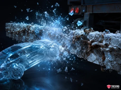 How Do Accident Reconstruction Experts Prove Trailer Guard Failure? A transparent glass car crashes into a concrete barrier chained to a truck, sending shards and debris flying. The impact is dramatic, with blue-tinted light highlighting the shattering glass effect. The Trevino Injury Law logo appears in the bottom right corner.
