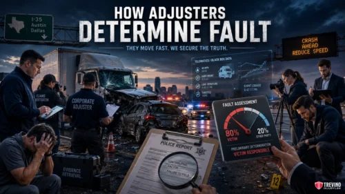 How Do Adjusters Determine Who Was at Fault in a Commercial Delivery Crash?. A dramatic scene shows insurance adjusters analyzing a car accident. One holds a police report, a tablet displays fault data, and investigators take notes near wrecked vehicles. Digital graphics illustrate fault assessment, with city highway signs and emergency lights in the background.