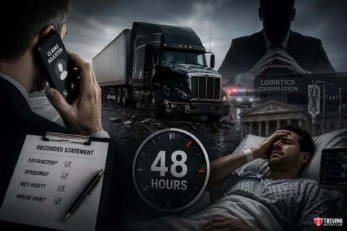 How Do Commercial Insurance Adjusters Attempt to Shift Comparative Fault Within the First 48 Hours?. A collage shows a damaged semi-truck at night, a man in a hospital bed covering his face, a phone call labeled “Claims Adjuster,” a checklist about the accident, a logistics corp. office, and a timer reading “48 hours.” The mood is tense and urgent.