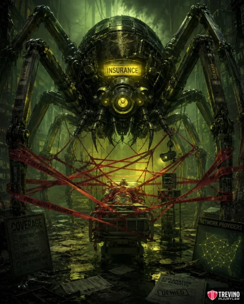 How Do Commercial Insurance Adjusters Exploit T-Bone Crash Victims? A giant robotic spider labeled “INSURANCE” looms over a patient in a hospital bed tangled in red tape marked “PRE-AUTH REQUIRED” and “DENIED.” The spider’s legs hold files and screens showing medical coverage hurdles in a dark, industrial setting.
