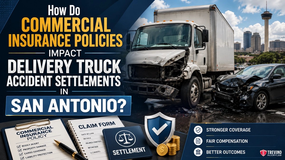 How Do Commercial Insurance Policies Impact Delivery Truck Accident Settlements in San Antonio?. A large white delivery truck and a black car are crashed on a wet road with city buildings in the background. Text asks how commercial insurance policies impact delivery truck accident settlements in San Antonio. Icons show settlement forms, money, and insurance symbols.