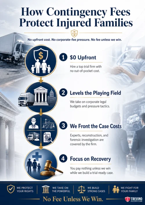 How Do Contingency Fee Agreements Protect Injured Families From Corporate Legal Fees? . Infographic titled “How Contingency Fees Protect Injured Families” with four steps, each with an icon: $0 upfront costs, levels the playing field, firm fronts case costs, and focus on recovery. Bottom banner: “No Fee Unless We Win.” Background shows a courthouse, a gavel, and a truck.
