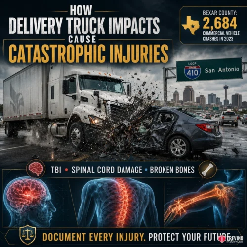 How Do Delivery Truck Impacts Cause Catastrophic Physical Injuries?. A semi-truck crashes into a car near a “410 San Antonio” highway sign, debris flying. Text highlights catastrophic injuries like TBI, spinal cord damage, and broken bones. Bexar County commercial crash stats and legal advice appear at the top and bottom.