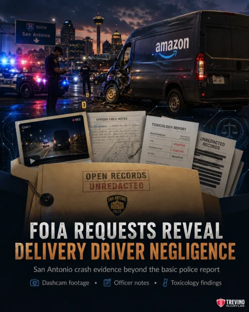 How Do FOIA Police Report Requests Establish Delivery Driver Negligence in San Antonio?. A dark street scene with police cars, an Amazon van, and downtown San Antonio skyline. Foreground shows folders labeled “Open Records Unredacted” with images of dashcam footage, officer notes, and toxicology reports. Text highlights FOIA requests revealing driver negligence.