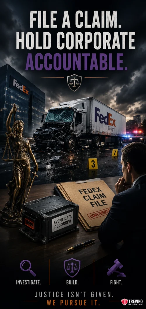 How Do I File a Claim Against FedEx Corporate?. A legal office with a Lady Justice statue, “FedEx Claim File,” and evidence markers looks out to a crashed FedEx truck at night. Large text reads: “File a claim. Hold corporate accountable.” Icons below say: Investigate, Build, Fight.