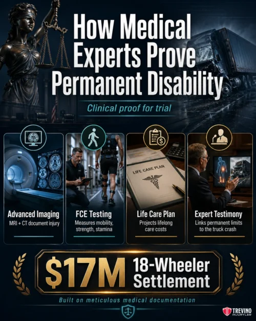 How Do Medical Experts Document Your Permanent Disability for Trial?. Infographic titled “How Medical Experts Prove Permanent Disability.” It highlights four steps: advanced imaging, FCE testing, life care plans, and expert testimony. Below, it mentions a "$17M 18-wheeler settlement" built on medical documentation.