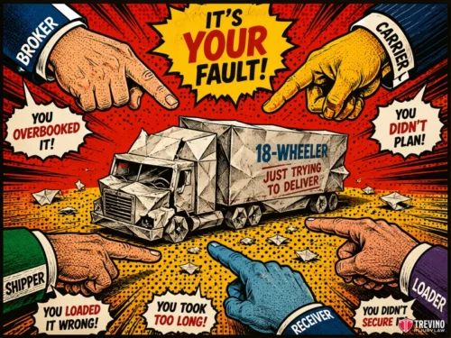 How Do Multiple Corporate Defendants Complicate Jackknife Liability in Texas? A paper 18-wheeler truck is surrounded by colorful, comic-style hands labeled Broker, Carrier, Shipper, Loader, and Receiver, each pointing blame at the truck. Accusations like “You overbooked it!” and “You didn’t plan!” appear around them.
