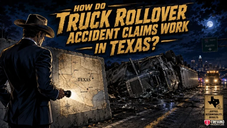 How Do Truck Rollover Accident Claims Work in Texas? A man in a cowboy hat examines a map of Texas by flashlight in front of a flipped semi-truck at night. Large yellow text asks, "How do truck rollover accident claims work in Texas?" in a dramatic, stormy urban setting.