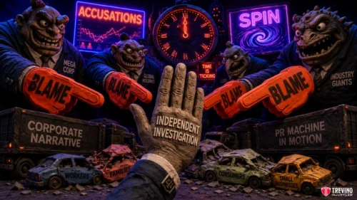 How Do Trucking Companies Try to Blame Victims for Underride Crashes? A raised hand labeled “Independent Investigation” faces three monster-like figures. They point and shout “Blame” from trucks labeled “Corporate Narrative” and “PR Machine in Motion.” Broken cars below are labeled “Workers,” “Families,” “Consumers,” and “Small Businesses.”.