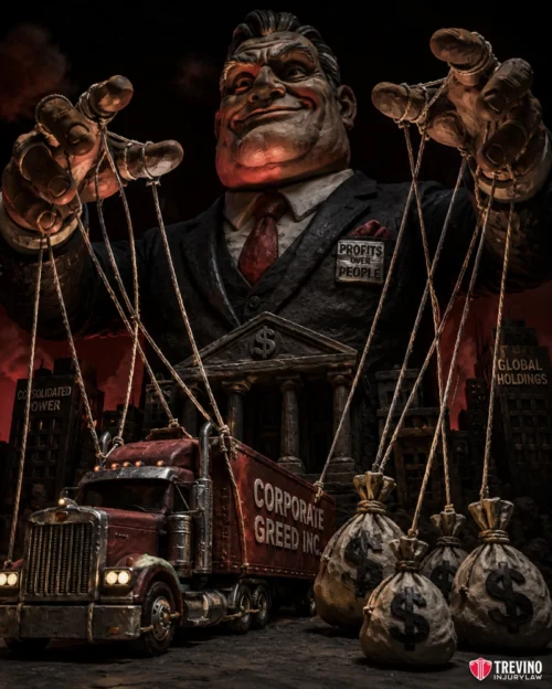 How Do We Hold Negligent Trucking Companies Accountable for FMCSA Violations? A sinister giant puppet master in a suit controls a red truck labeled "Corporate Greed Inc." with strings. Money bags and buildings labeled "Consolidated Power" and "Global Holdings" surround him. His suit reads "Profits Over People." The setting is dark and ominous.
