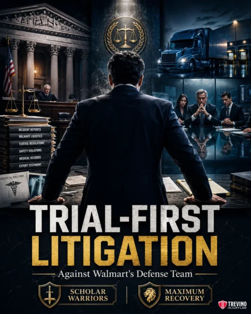 How Do You Build a Strong Litigation Case Against Walmart's Defense Team?. A man in a suit stands facing a courtroom scene with a judge, jury, and lawyers. Behind him, Wal-Mart trucks and legal documents are visible. Bold text reads "Trial-First Litigation Against Walmart's Defense Team." Legal icons and "Scholar Warriors" and "Maximum Recovery" appear below.
