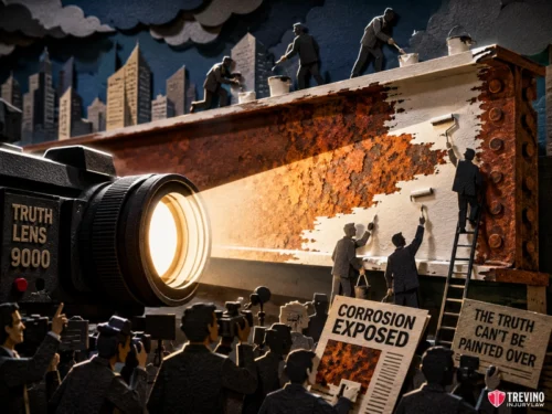 How Do You Document a Tractor-Trailer Truck Accident in San Antonio at the Scene? A giant camera labeled “Truth Lens 9000” shines light on a rusty steel beam, revealing corrosion as workers try to paint over it. Reporters hold papers reading “Corrosion Exposed” and “The Truth Can't Be Painted Over.” City buildings and dramatic clouds in the background.