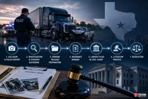 How Do You File a Commercial Vehicle Claim in Texas?. A sequence of steps in a Texas car accident legal process is shown over images of a police officer, a truck crash, evidence folders, a gavel, and a courthouse, with icons for each step and a Texas map in the background.