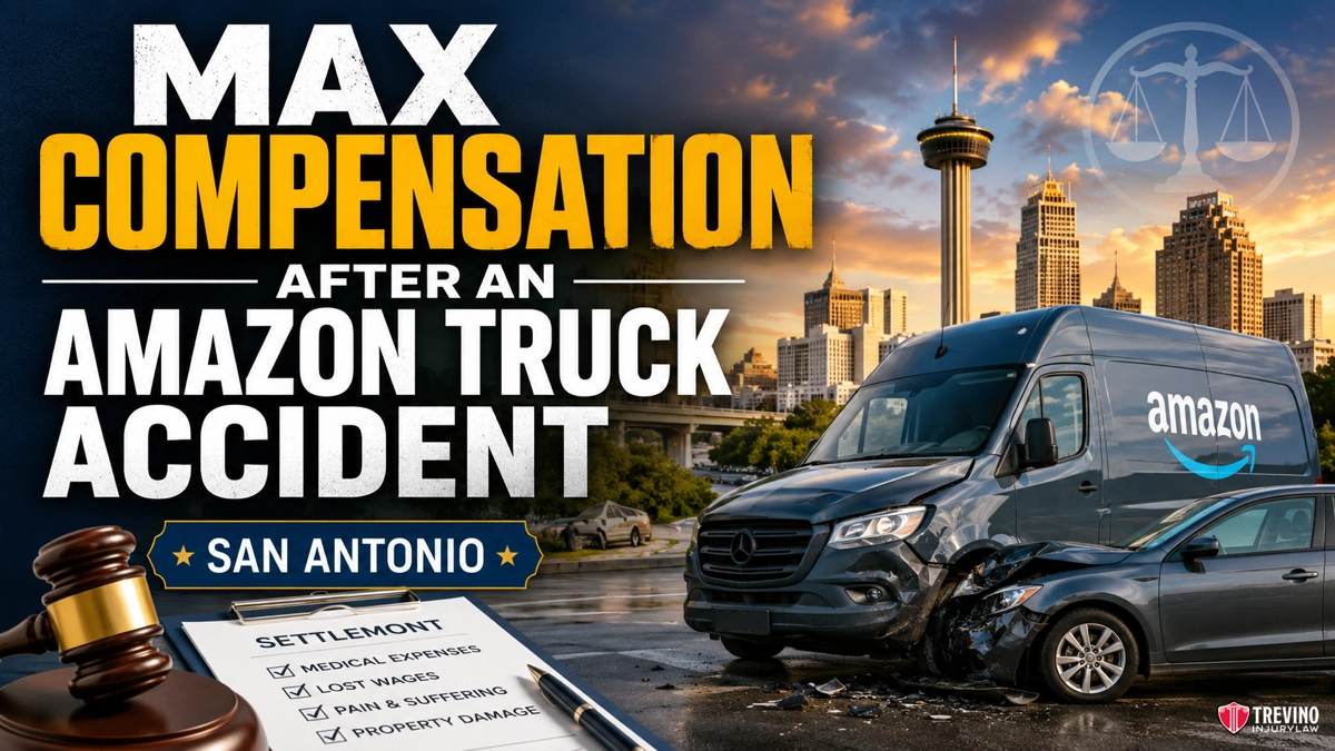 How Do You Force Maximum Compensation After an Amazon Delivery Truck Accident in San Antonio? . A damaged Amazon delivery van and a car after a collision on a city street with the San Antonio skyline in the background. Bold text reads: “Max Compensation After an Amazon Truck Accident – San Antonio.” A settlement form and gavel are also shown.