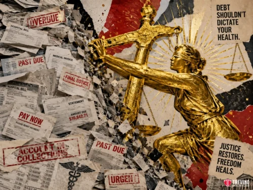 How Do You Fund Intensive Care After a Passenger Compartment Intrusion? A golden blindfolded Lady Justice clutches her scales amid a chaotic burst of overdue medical bills, surrounded by text: “Debt shouldn’t dictate your health” and “Justice restores. Freedom heals.” The scene highlights medical debt and the need for health justice.