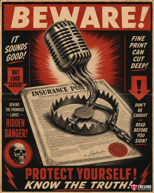 How Do You Prevent Trucking Insurance Adjusters from Blaming You for the Underride Collision? A vintage-style poster shows a microphone morphing into a bear trap above an insurance policy. Red warnings read, “BEWARE!," "Hidden danger," and "Read before you sign!” urging viewers to protect themselves and know the truth.