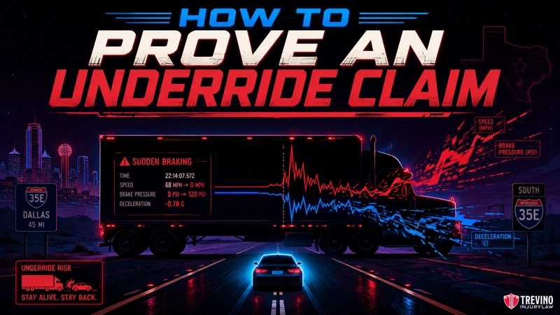 How Do You Prove What Caused an Underride Truck Accident in Texas? A digital illustration shows a car approaching a semi-truck at night on a highway near Dallas. Data graphics about braking and speed appear on the truck. Bold text reads “How to Prove an Underride Claim.” Neon colors and futuristic city lights set the scene.