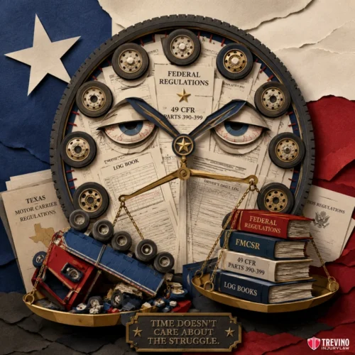 How Do You Prove the Trucking Company Is Liable for a Rollover in Texas? A clock with tired eyes made of log books and federal regulation papers sits against a Texas flag. Below, a toppled toy semi-truck spills tiny items. Stacks of law books and papers pile up, with a plaque reading “TIME DOESN’T CARE ABOUT THE STRUGGLE.”.