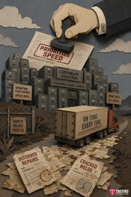 How Do You Prove the Trucking Company Knew the Trailer Was Dangerous? A hand stamps "PRIORITIZE SPEED" on a report above a corporate complex. Signs read "EFFICIENCY. PROFIT. GROWTH." and "MOVE FAST. FIX LATER." A truck on a broken road passes reports labeled "DEFERRED REPAIRS" and "CRACKED WELDS." Brand: Trevino Injury Law.
