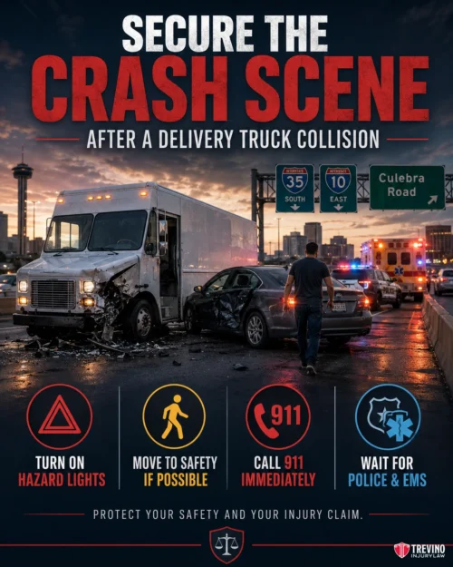 How Do You Secure the Crash Scene After a Commercial Delivery Vehicle Collision?. A damaged delivery truck and car sit in an intersection at night, emergency lights flashing. Text offers steps after a crash: “Turn on hazard lights, move to safety if possible, call 911 immediately, wait for police & EMS.” Road signs and city skyline are visible in the background.