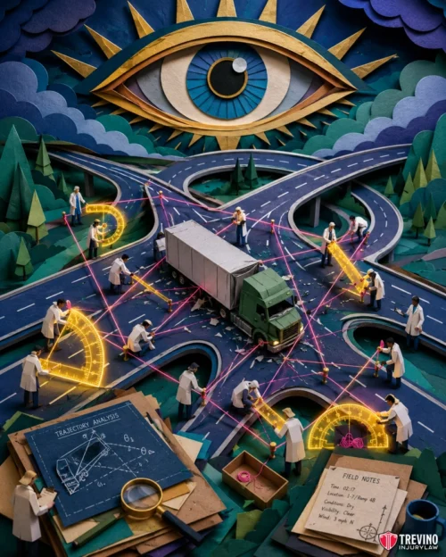 How Does Commercial Accident Reconstruction Differ for Articulated Truck Crashes? A truck on a winding highway is surrounded by scientists in lab coats, working with glowing pink lasers and yellow circuits. Above, a large blue and gold eye watches. Notebooks, diagrams, and trees surround the surreal, paper-craft scene.