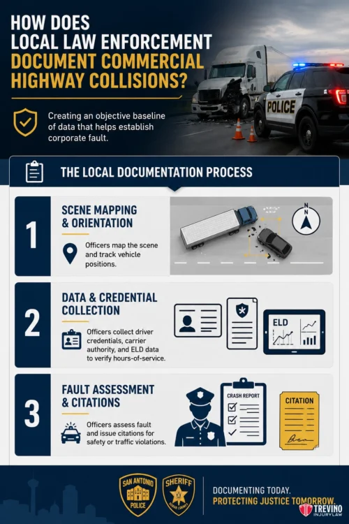 How Does Local Law Enforcement Document Commercial Highway Collisions?. Infographic showing police documenting a highway crash. Steps: 1) Map and track the scene; 2) Collect driver, vehicle, and ELD data; 3) Assess fault and issue citations. Police, sheriff logos, police car, and crashed truck are pictured.