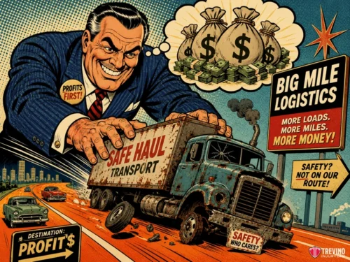 How Does Passenger Compartment Intrusion Affect Your Legal Claim? A grinning businessman in a suit dreams of money bags as he pushes a speeding, damaged truck labeled "SAFE HAUL TRANSPORT" off the road. Signs read "BIG MILE LOGISTICS" and "SAFETY? WHO CARES?" with a focus on profits over safety. Bold, vintage comic style.
