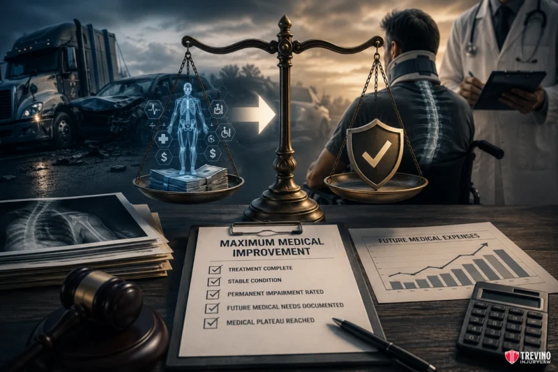 How Does Reaching Maximum Medical Improvement Dictate Your Final Case Value?. A man in a wheelchair faces a doctor near a crashed car. In the foreground, a clipboard labeled "Maximum Medical Improvement" lists injury details. Scales hold a holographic skeleton and a shield. Medical bills, X-rays, calculator, and charts are visible.