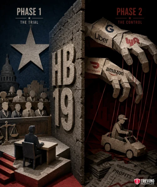 How Does Texas House Bill 19 Affect Corporate Liability in Truck Rollover Trials? Illustration split in two: left side shows a courtroom with judge, jury, and HB 19 wall; right side shows giant hands labeled with tech company logos (Uber, Google, Lyft, DoorDash, Amazon) controlling a driver like a puppet among money and the word "PROFIT.