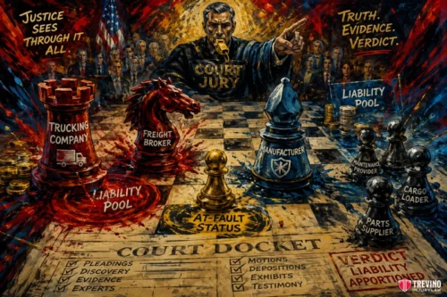 How Does Texas Proportionate Responsibility Affect Multiple Corporate Defendants? A dramatic courtroom scene depicted as a chess game: a judge points forward, flanked by jury. Chess pieces labeled "Trucking Company," "Freight Broker," "Manufacturer," and others sit on a docket. Red and blue tones imply conflict; words like "Verdict" and "Liability Pool" are visible.