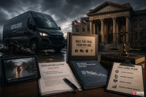 How Does Trevino Injury Law Prepare Your Case for the Bexar County Courthouse?. A rainy, gloomy scene shows an Amazon van crashed near a fallen motorcycle outside a courthouse. Foreground documents include a legal notice, accident report, and life care plan, alongside a gavel, scales, and a tablet displaying an accident photo.