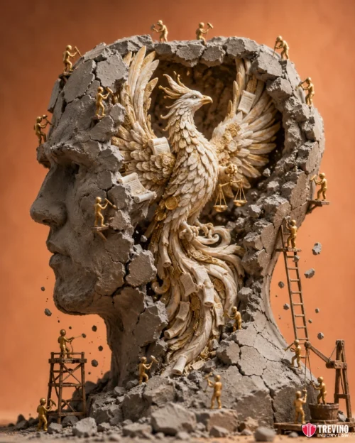 How Does Trevino Injury Law Secure Life Care Plans and Maximum Compensation? A stone sculpture of a man's head is cracked open, revealing a golden phoenix rising from within. Tiny gold human figures use ladders and scaffolding to carve, build, and interact with the intricate phoenix and the fragmented stone head.