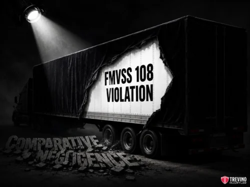 How Does Uncovered Evidence Defeat Texas Comparative Negligence Tactics? A dark semi-truck trailer is spotlighted. Its side appears torn, revealing bold text: "FMVSS 108 VIOLATION." On the ground, large shadowed words read "COMPARATIVE NEGLIGENCE." Trevino Injury Law’s logo is in the bottom right corner.