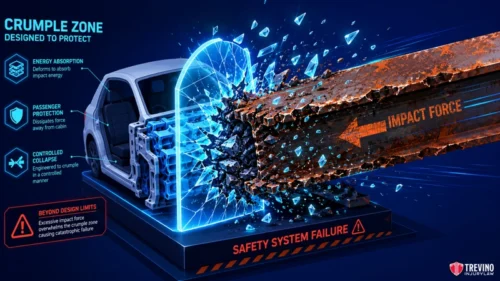 How Does Underride Guard Failure Cause Catastrophic Passenger Trauma? A car's crumple zone absorbs the sharp impact of a metal beam. Blue lines and arrows illustrate absorbed energy, passenger protection, and controlled collapse. Text explains design limits; “SAFETY SYSTEM FAILURE” glows at the base.