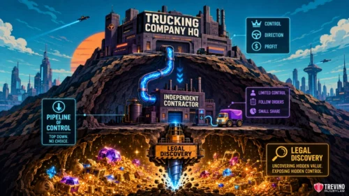 How Does Vicarious Liability Apply to the Trucking Company? A trucking company HQ towers over an underground system. Blue arrows show control flowing to a small independent contractor, who is limited in choices. Below, gold and gems labeled "Legal Discovery" highlight hidden company value. Bright, detailed, and infographic style.