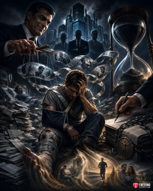 How Does a Contingency Fee Agreement Eliminate Your Upfront Financial Risk?. A distressed man sits amid scattered papers and files, bound by film strips showing his memories. Above, a sinister man controls him like a puppet. Behind, city skyscrapers loom and shadowy figures stand. An hourglass symbolizes time, while hands sign papers beside a locked briefcase.