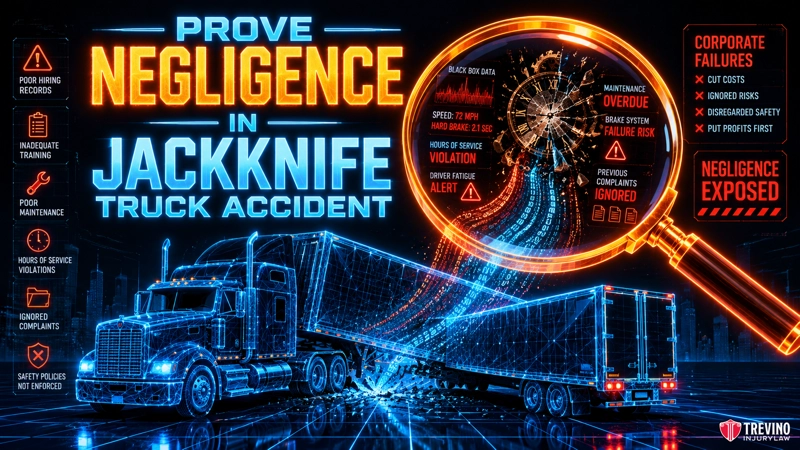 How Does a Lawyer Prove Negligence After a Jackknife Truck Accident in Texas? A neon-style infographic shows a jackknifed semi-truck. Text reads: "Prove Negligence in Jackknife Truck Accident." A magnifying glass highlights terms like "Overdue maintenance" and "Ignored complaints." Corporate failures are listed beside the truck.