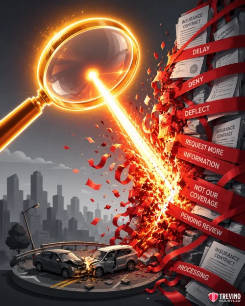 How Does a Trial Lawyer Force Negligent Trucking Companies to Pay? A giant glowing magnifying glass zaps red tape blocking insurance documents labeled “DELAY,” “DENY,” “DEFLECT,” and more. Below, two crashed cars sit on a road, while paperwork and debris scatter. Skyscrapers and clouds fill the grayscale background.