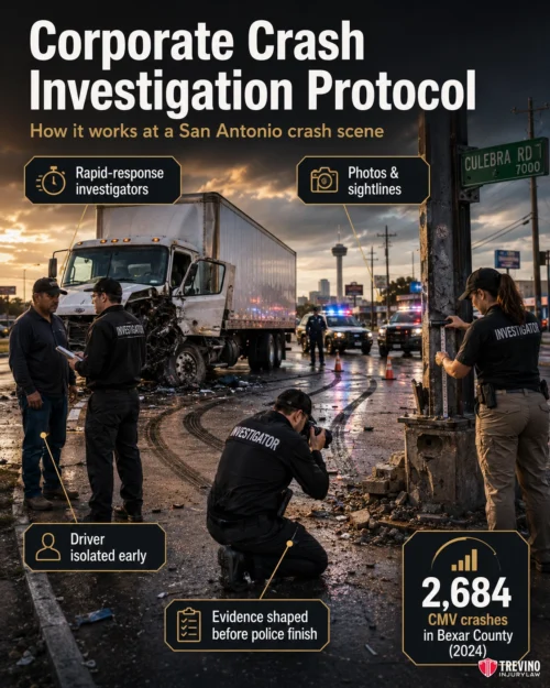 How Does the Corporate Accident Investigation Protocol Operate at a San Antonio Crash Scene? Four investigators in jackets marked “INVESTIGATOR” examine a truck crash scene at dusk in San Antonio. One takes photos, another interviews the driver. Headline and infographics explain crash protocols and note 2,684 Bexar County CMV crashes in 2024.
